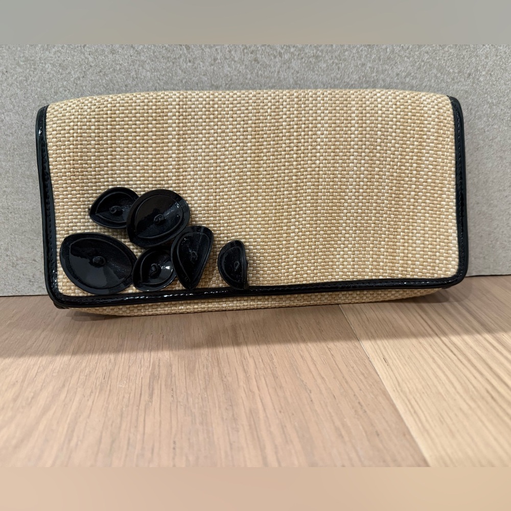 Elegant Straw and Black Patent Clutch
